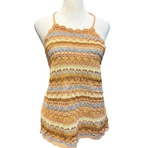Rock & Roll Denim Sunset Halter Crocheted Tank Top Size Large EC